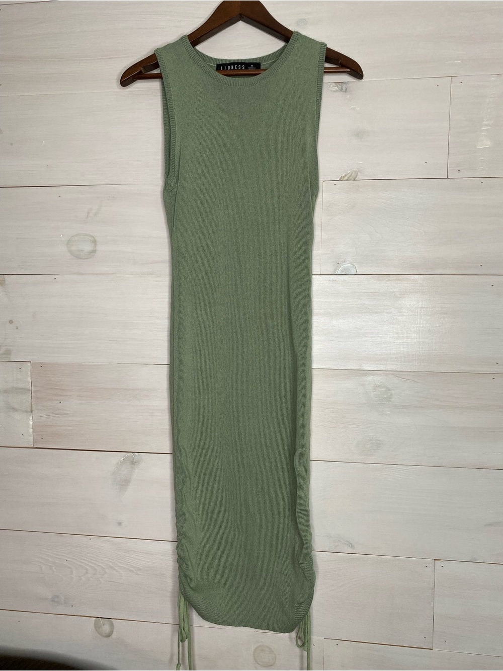 Lioness Sage Green Ribbed Knit Ruched Midi Dress Size M